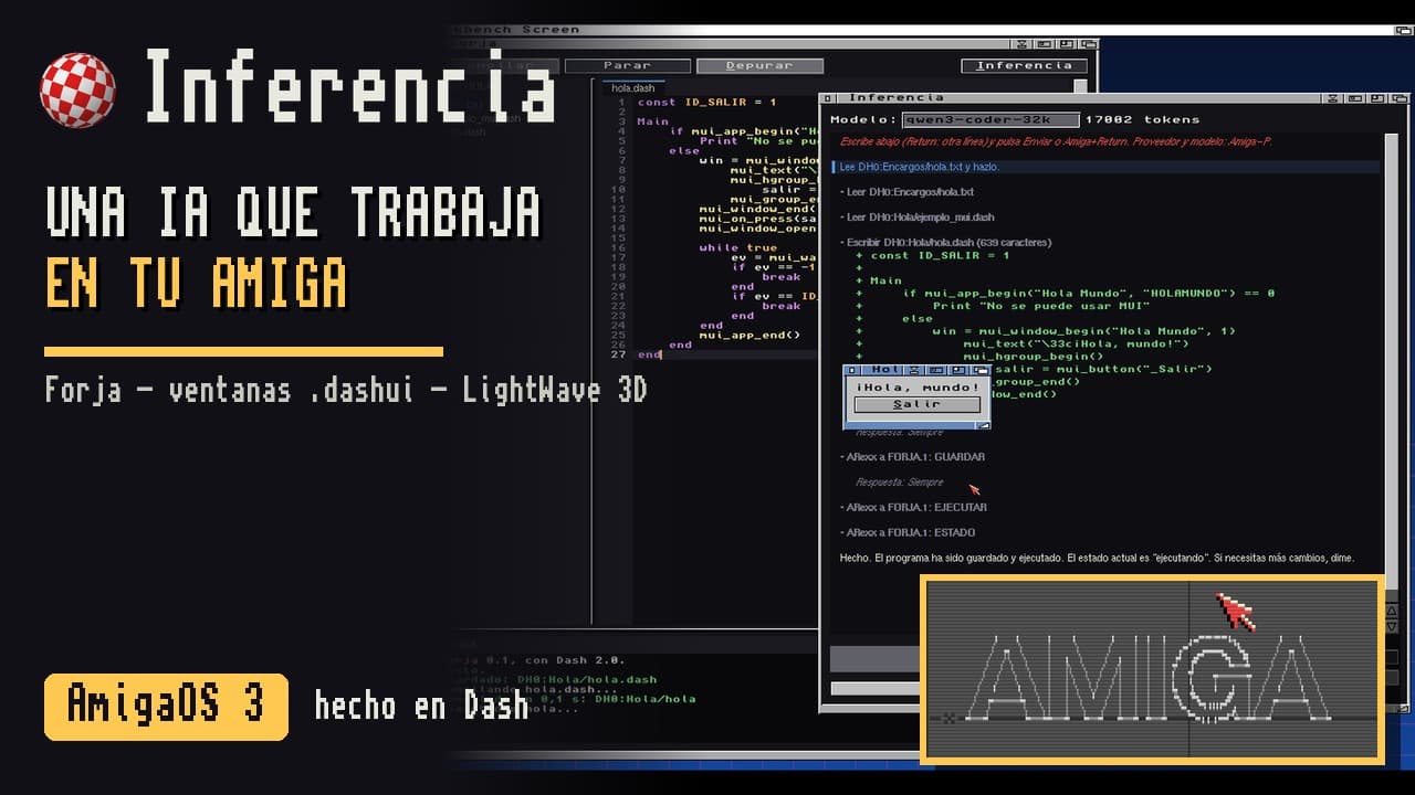 Inferencia escribiendo un hola mundo en Forja, y la palabra AMIGA en LightWave